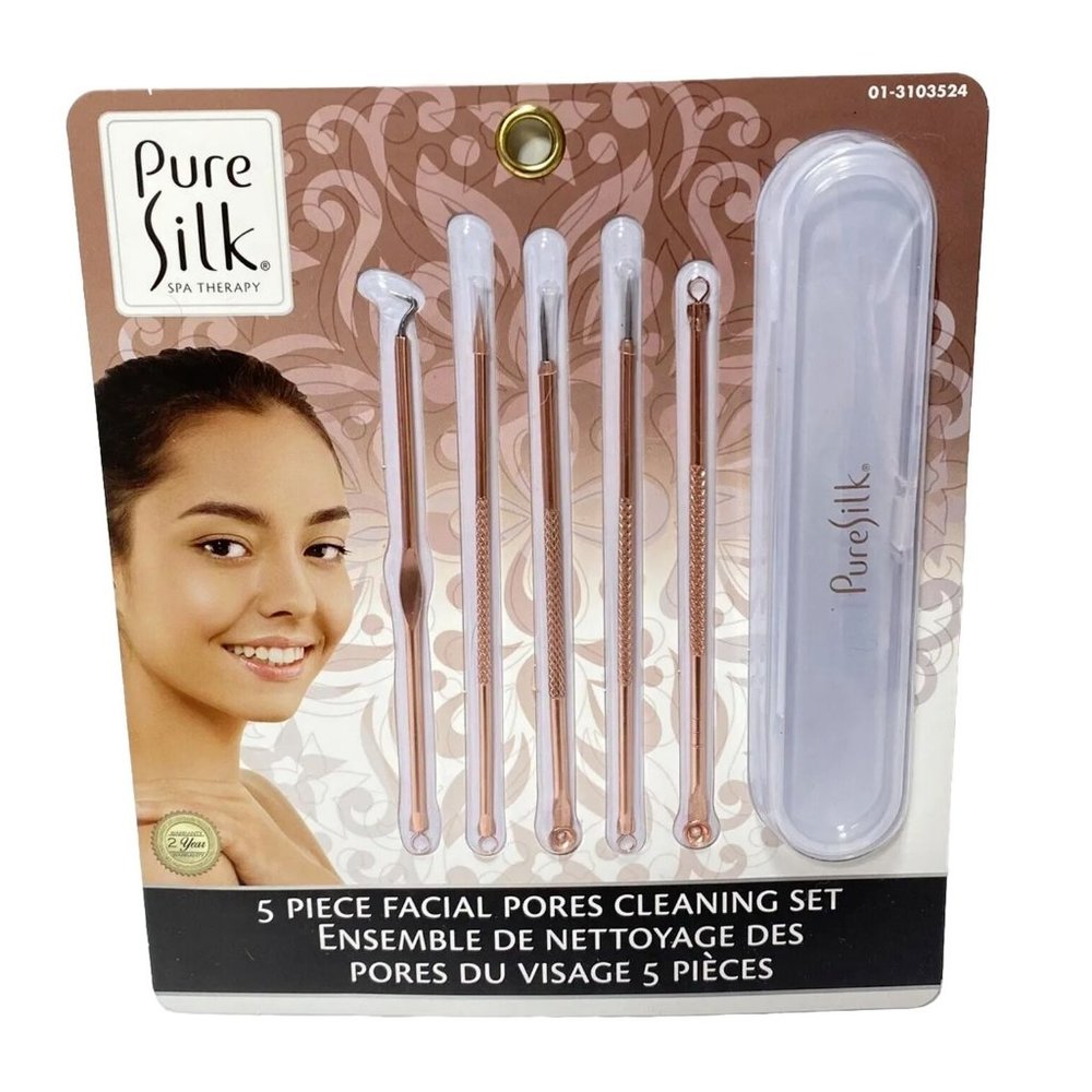 Facial Pore Cleaning Set 5pc Acne Remover Pimple Popper Kit, Rose Gold, New Silk